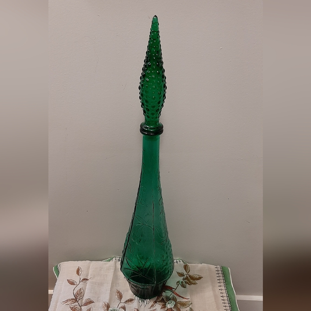 Vintage Rare Genie Bottle Empoli Italy Emerald Green Fruit Pattern 1960s 22.5”